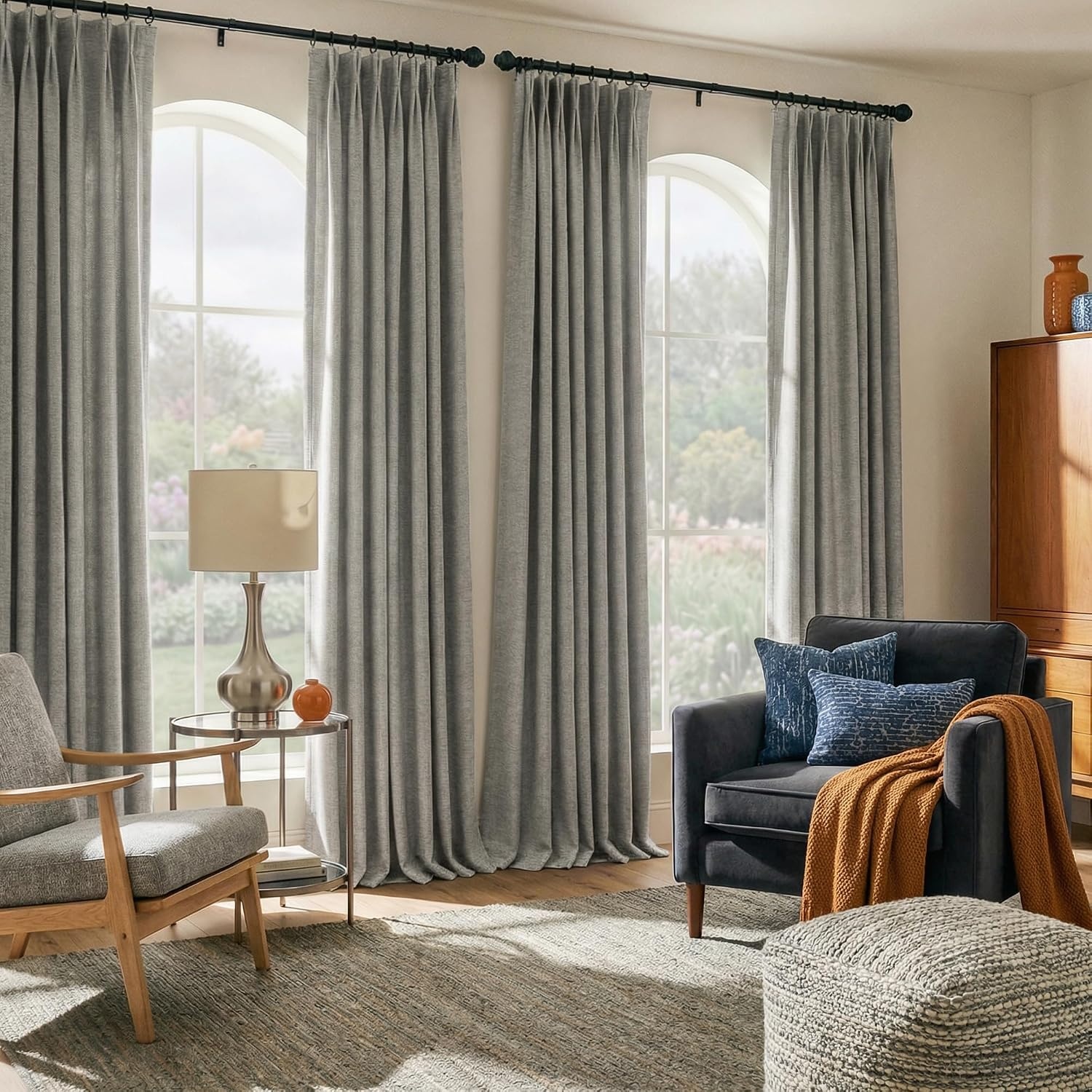 image:imageNICETOWN Vintage Olive Dark Green Pinch Pleated Linen Curtains 90 inch LongStone Grey