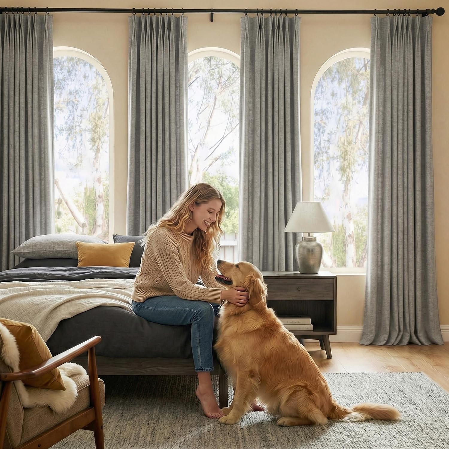 image:imageNICETOWN Vintage Olive Dark Green Pinch Pleated Linen Curtains 90 inch LongStone Grey