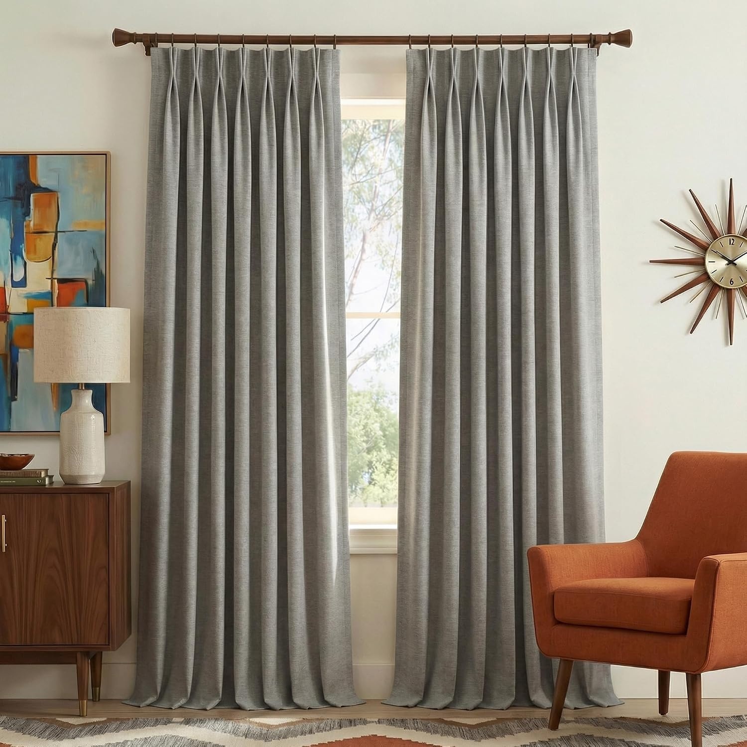 image:imageNICETOWN Vintage Olive Dark Green Pinch Pleated Linen Curtains 90 inch LongStone Grey