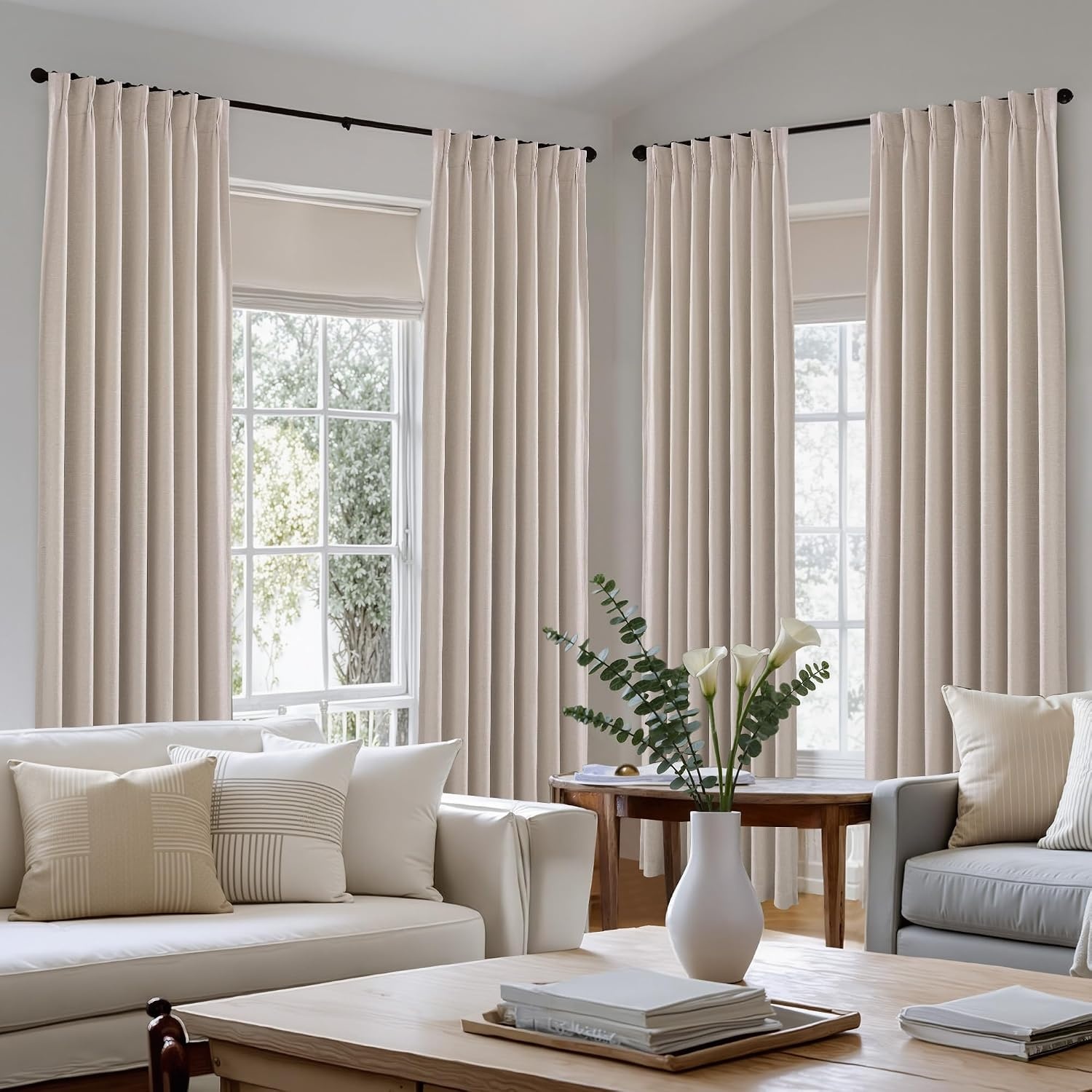 image:imageNICETOWN Vintage Olive Dark Green Pinch Pleated Linen Curtains 90 inch LongTaupe