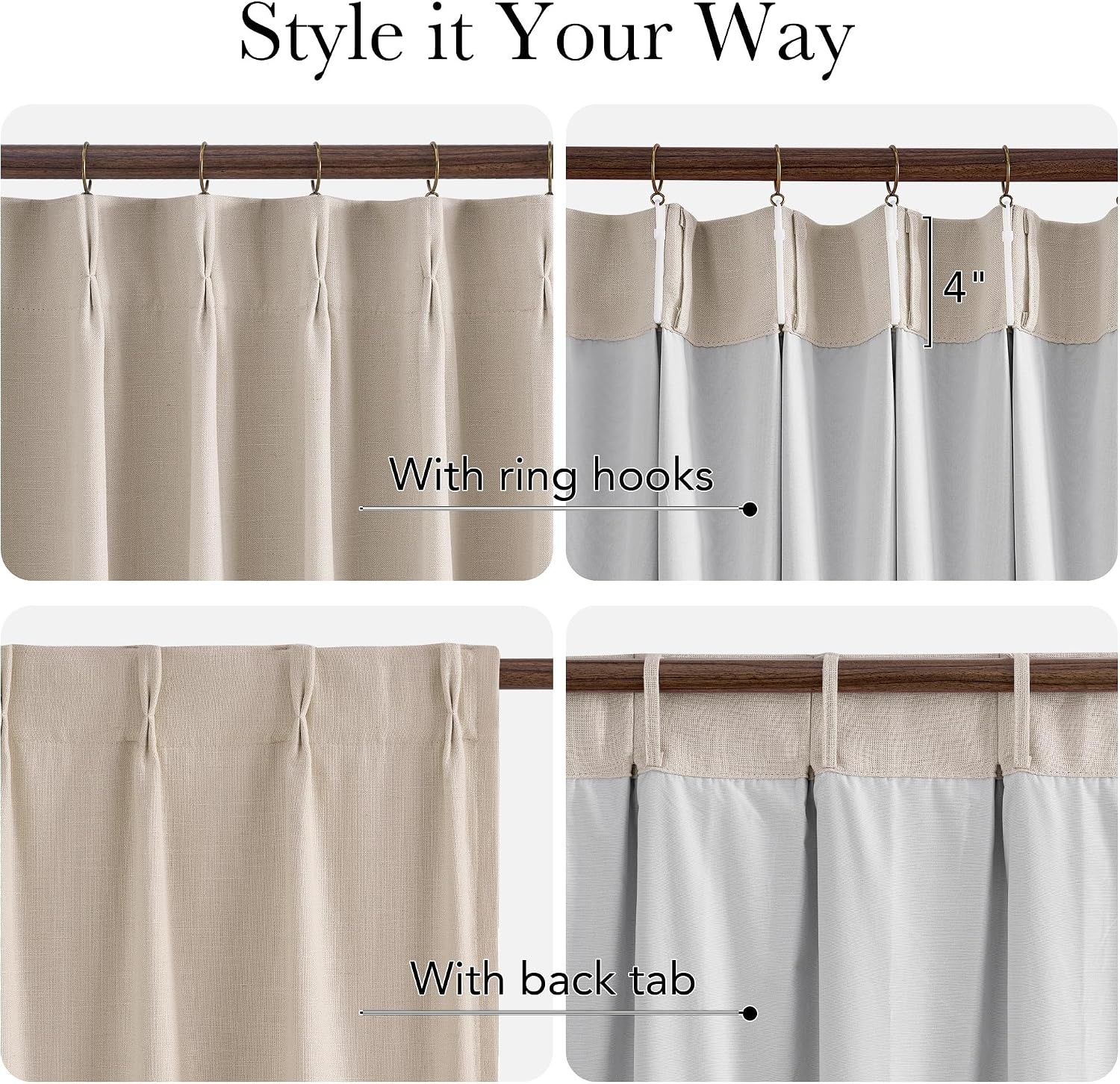image:imageNICETOWN Vintage Olive Dark Green Pinch Pleated Linen Curtains 90 inch LongTaupe