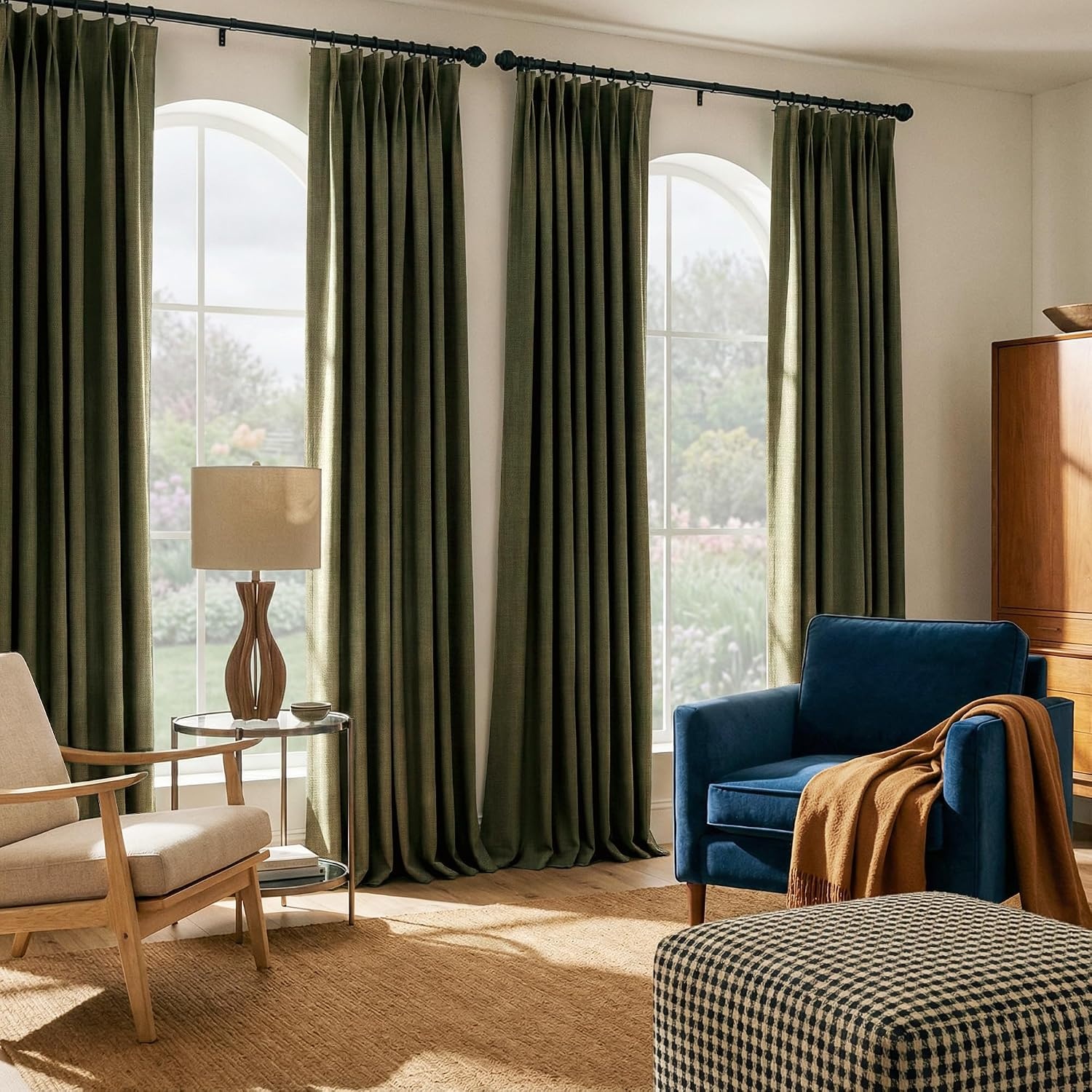 image:imageNICETOWN Vintage Olive Dark Green Pinch Pleated Linen Curtains 90 inch LongVintage Olive