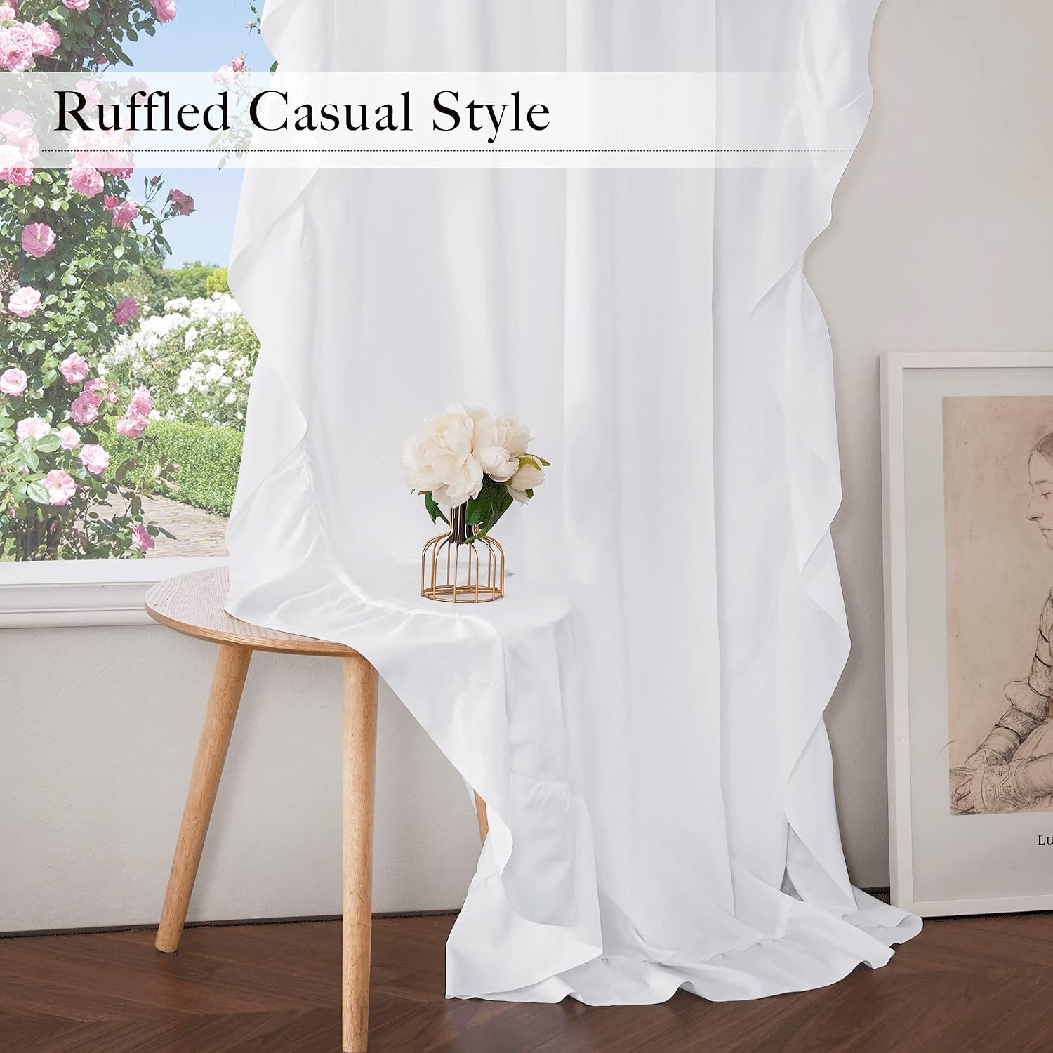 image:imageNICETOWN White Ruffle Shabby Chic Curtains 84 inch Long Rod Pocket Privacy with Some Soft Light Filtering French Country Flowy Drapes for Living RoomFarmhouseBedroom 2 Panels104 WideWhite
