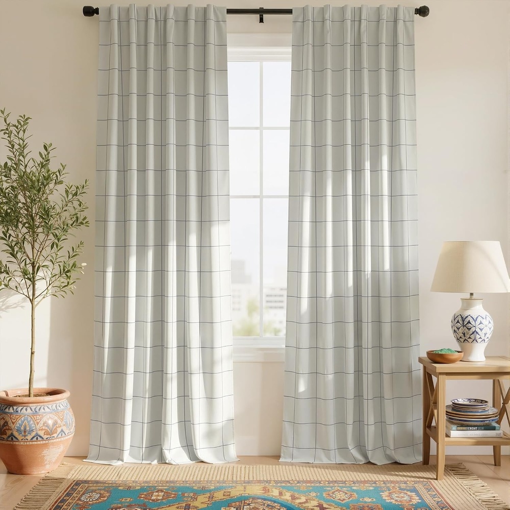 image:imageNICETOWN 100 Blackout Taupe Plaid Curtains for Bedroom W52xL84 2 PanelsGrey