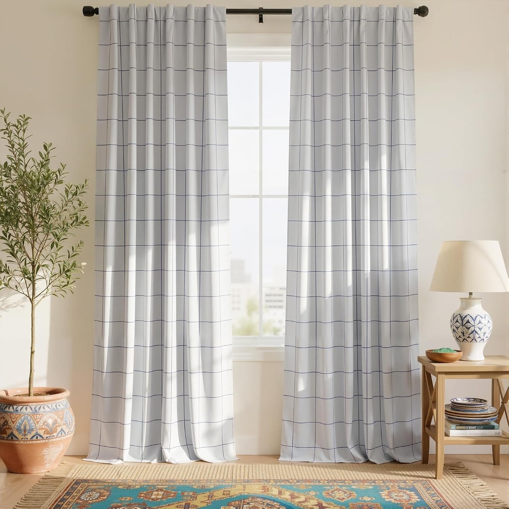 image:imageNICETOWN 100 Blackout Taupe Plaid Curtains for Bedroom W52xL84 2 PanelsNavy Blue