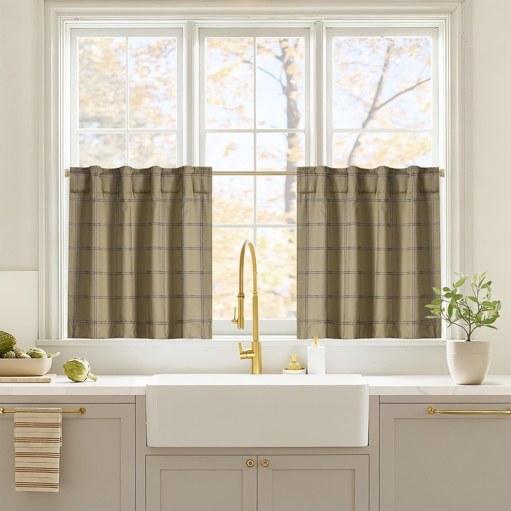 image:imageNICETOWN 100 Blackout Taupe Plaid Magnetic Roman Shade W24 x L64 1 PanelGrid Pattern Burlap White