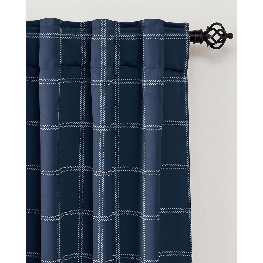 image:imageNICETOWN 100 Blackout Taupe Plaid Magnetic Roman Shade W24 x L64 1 PanelGrid Pattern Dark Blue White