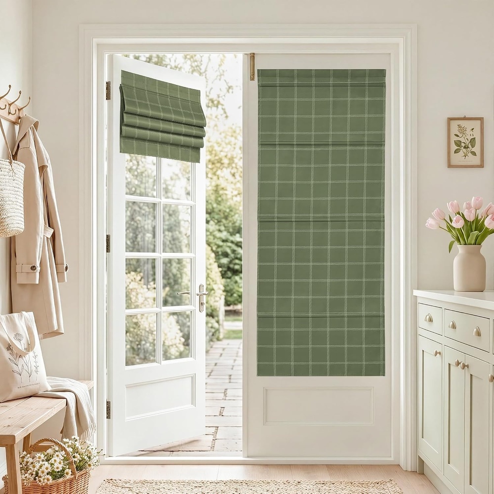 image:imageNICETOWN 100 Blackout Taupe Plaid Magnetic Roman Shade W24 x L64 1 PanelGrid Pattern Olive Green White