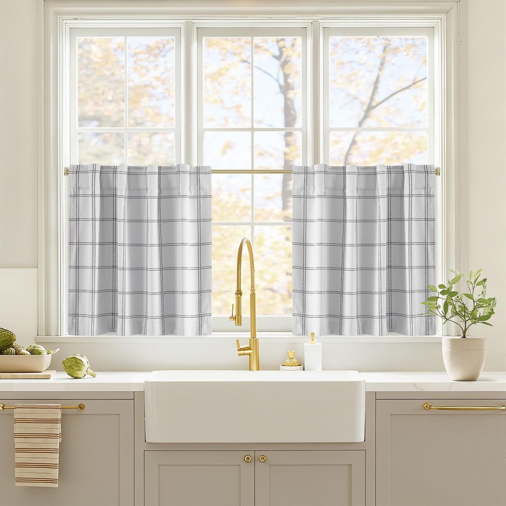 image:imageNICETOWN 100 Blackout Taupe Plaid Magnetic Roman Shade W24 x L64 1 PanelGrid Pattern  White  White