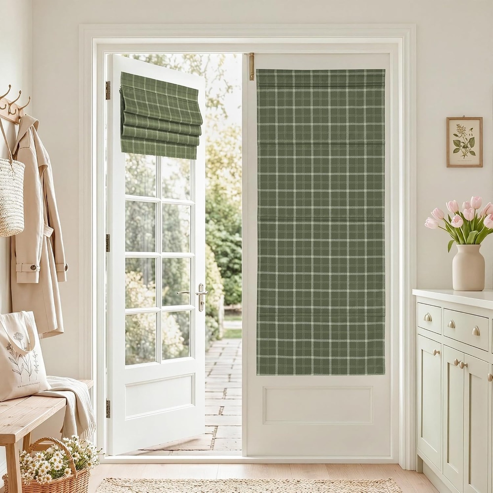 image:imageNICETOWN 100 Blackout Taupe Plaid Magnetic Roman Shade W24 x L64 1 PanelPlaid  Olive Green  White