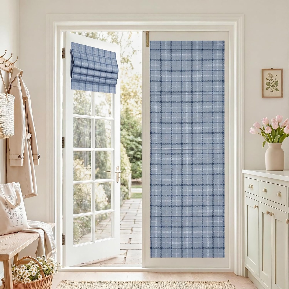 image:imageNICETOWN 100 Blackout Taupe Plaid Magnetic Roman Shade W24 x L64 1 PanelPlaid Sea Blue White