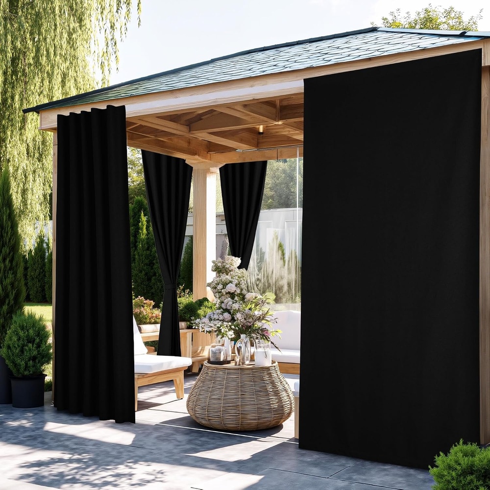 image:imageNICETOWN 2 Panels RodFree Outdoor Curtains for Patio Waterproof Sticky TopBlack
