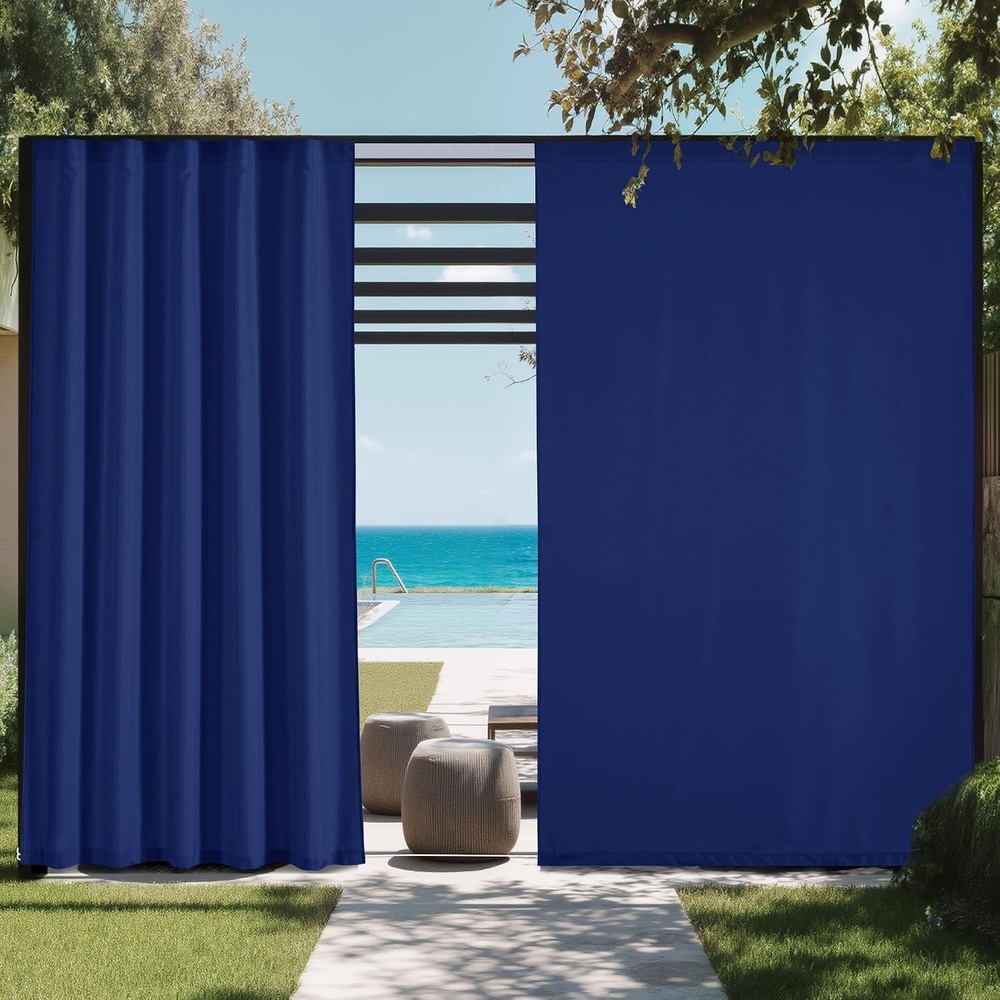 image:imageNICETOWN 2 Panels RodFree Outdoor Curtains for Patio Waterproof Sticky TopBlue