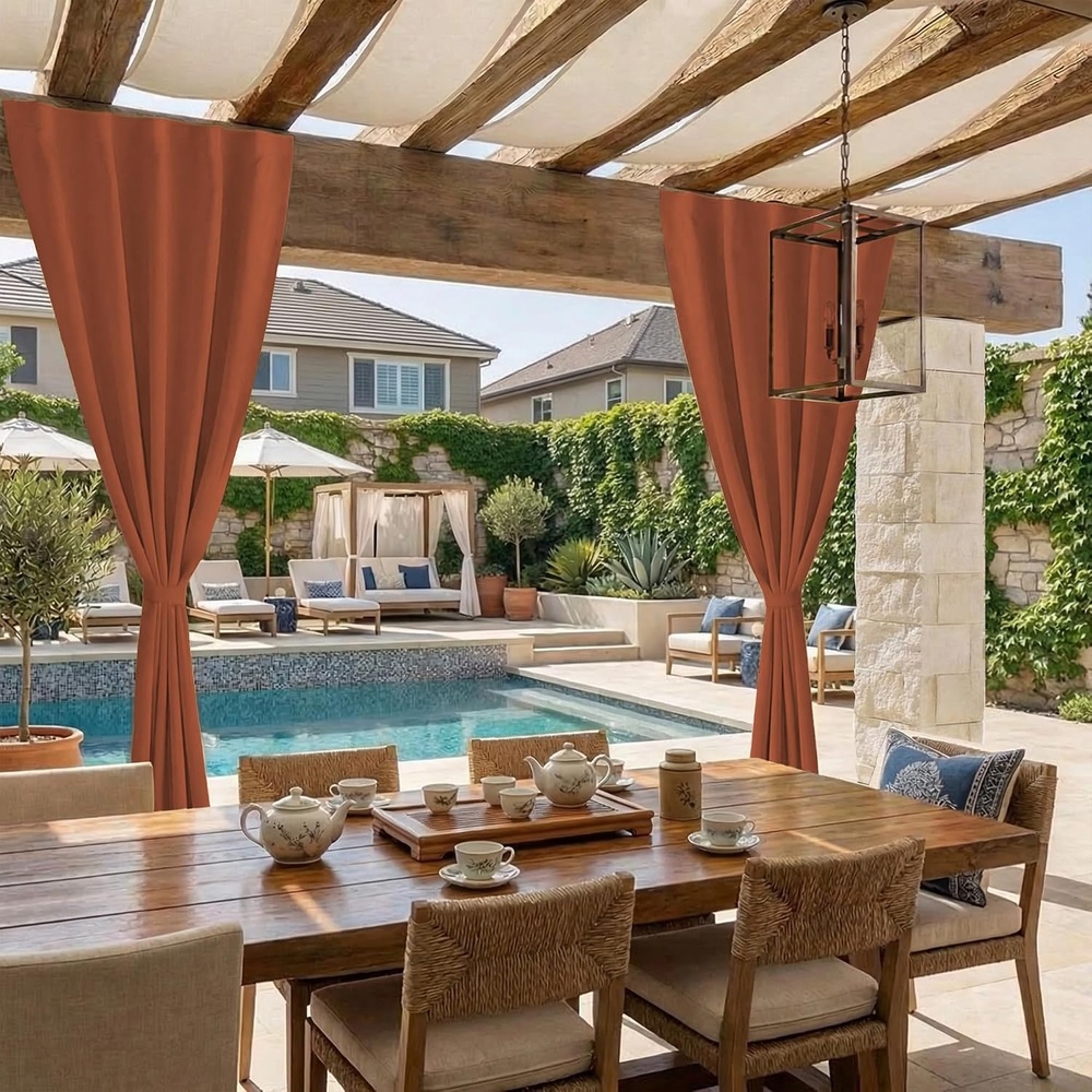image:imageNICETOWN 2 Panels RodFree Outdoor Curtains for Patio Waterproof Sticky TopBurnt Orange