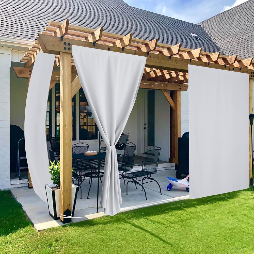 image:imageNICETOWN 2 Panels RodFree Outdoor Curtains for Patio Waterproof Sticky TopGreyish White