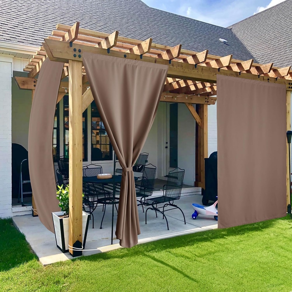 image:imageNICETOWN 2 Panels RodFree Outdoor Curtains for Patio Waterproof Sticky TopMocha Tan