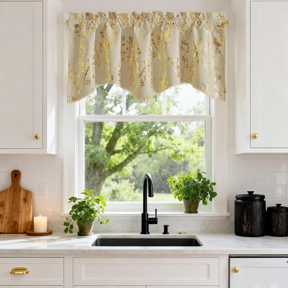 image:imageNICETOWN Blackout Kitchen Valances for Windo 18 Inch Length Rod PocketFloral Print Light Beige