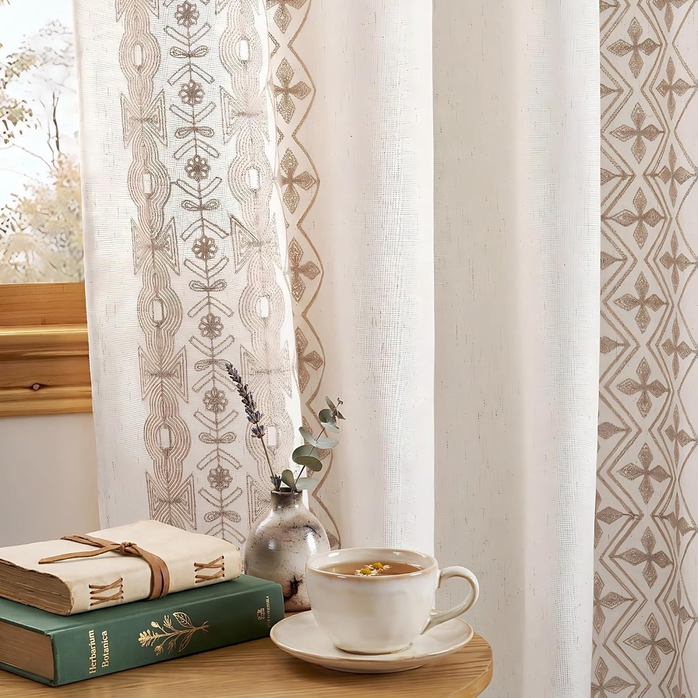 image:imageNICETOWN Boho Curtains with Navy Blue Trim 84 Long 2 PanelsCream With Light Sand Embroidery