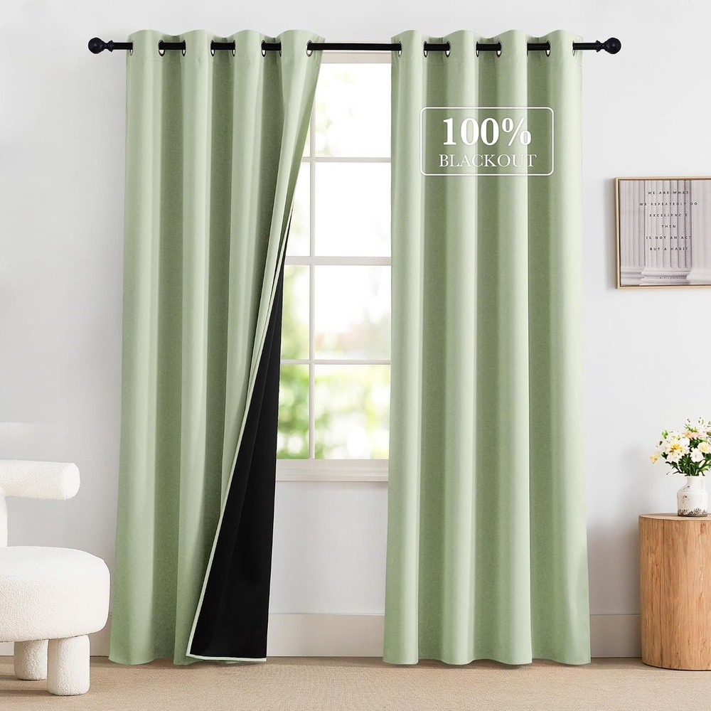 image:imageNICETOWN Boho Floral Curtains 100 Blackout for Living Room Bedroom 96 Inches Long Vintage Flower Drapes Thermal Insulated Soundproof Mid Century Botanica Grommet Window Treatment 52 W 2 PanelsLight Green
