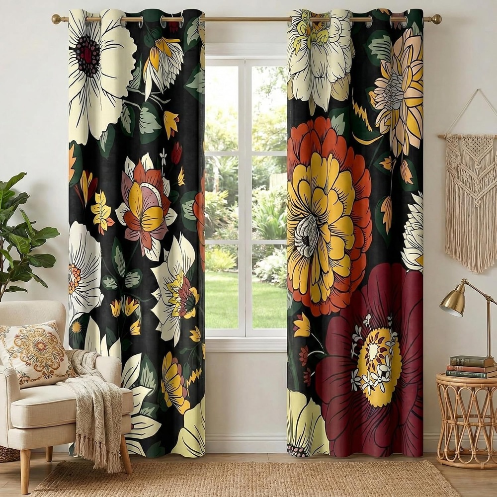 image:imageNICETOWN Boho Floral Curtains 100 Blackout for Living Room Bedroom 96 Inches Long Vintage Flower Drapes Thermal Insulated Soundproof Mid Century Botanica Grommet Window Treatment 52 W 2 PanelsBoho Floral Black