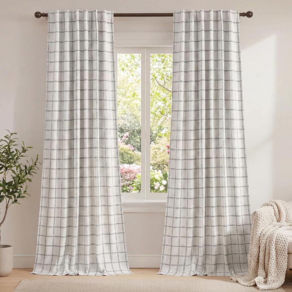 image:imageNICETOWN Buffalo Plaid Full Blackout Linen Curtain Panels 84 InchesDiagonal Check  White
