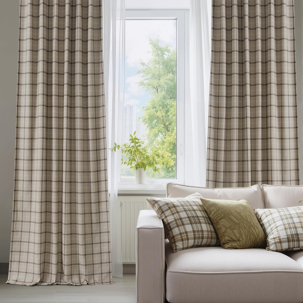 image:imageNICETOWN Buffalo Plaid Full Blackout Linen Curtain Panels 84 InchesGrid Pattern  Light Greige