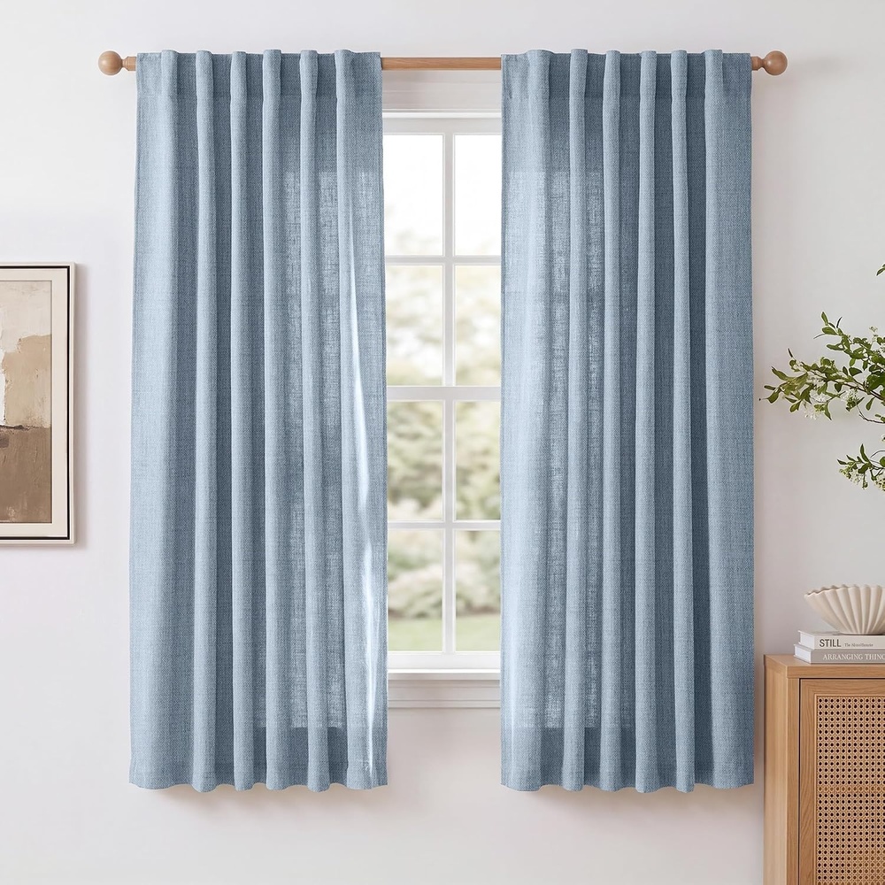 image:imageNICETOWN Natural Faux Linen Curtains 63 Inch Length 2 Panels W55xL63Dusty Blue