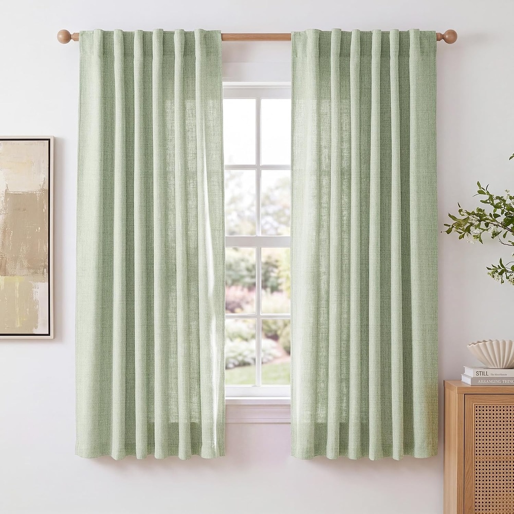 image:imageNICETOWN Natural Faux Linen Curtains 63 Inch Length 2 Panels W55xL63Sage Green