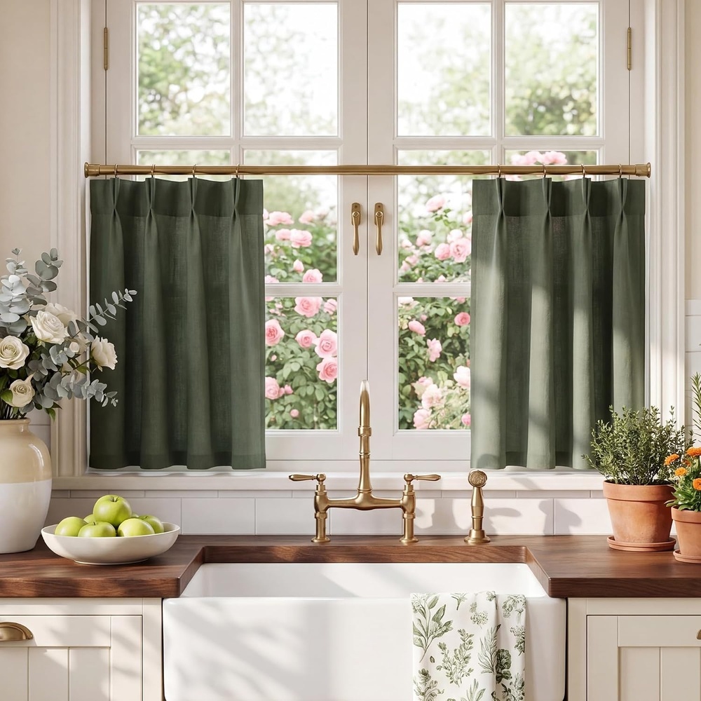 image:imageNICETOWN Natural Pinch Pleated Linen Kitchen Window CurtainsForest Green
