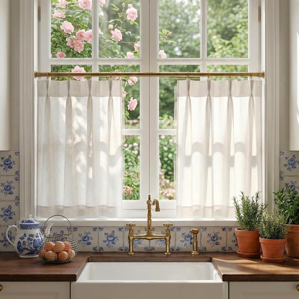 image:imageNICETOWN Natural Pinch Pleated Linen Kitchen Window CurtainsNatural
