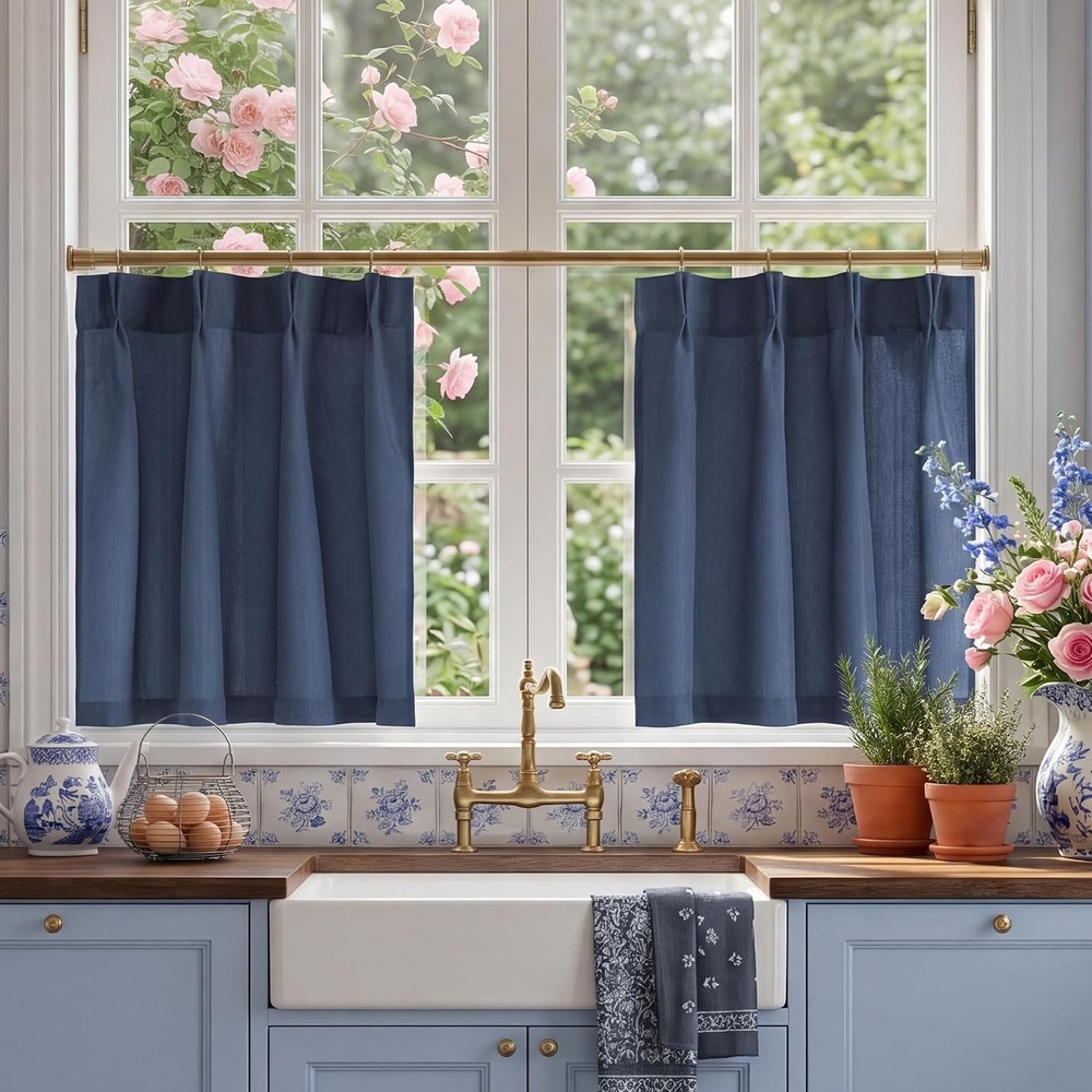 image:imageNICETOWN Natural Pinch Pleated Linen Kitchen Window CurtainsNavy Blue