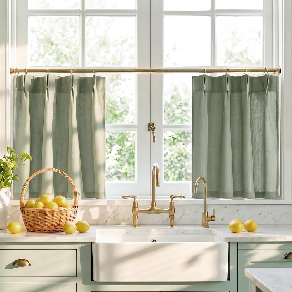image:imageNICETOWN Natural Pinch Pleated Linen Kitchen Window CurtainsSage Green