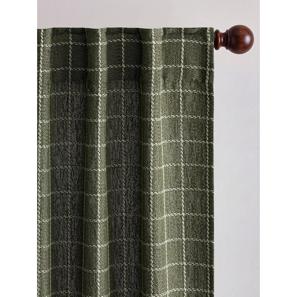 image:imageNICETOWN Olive Green Linen Plaid Bedroom Curtains Rod Pocket amp Back Tab Geometric Jacquard Thick Wovern Mudcloth Light Filtering Window Treatments for Home Decor W52 x L84 2 PanelsOlive Green