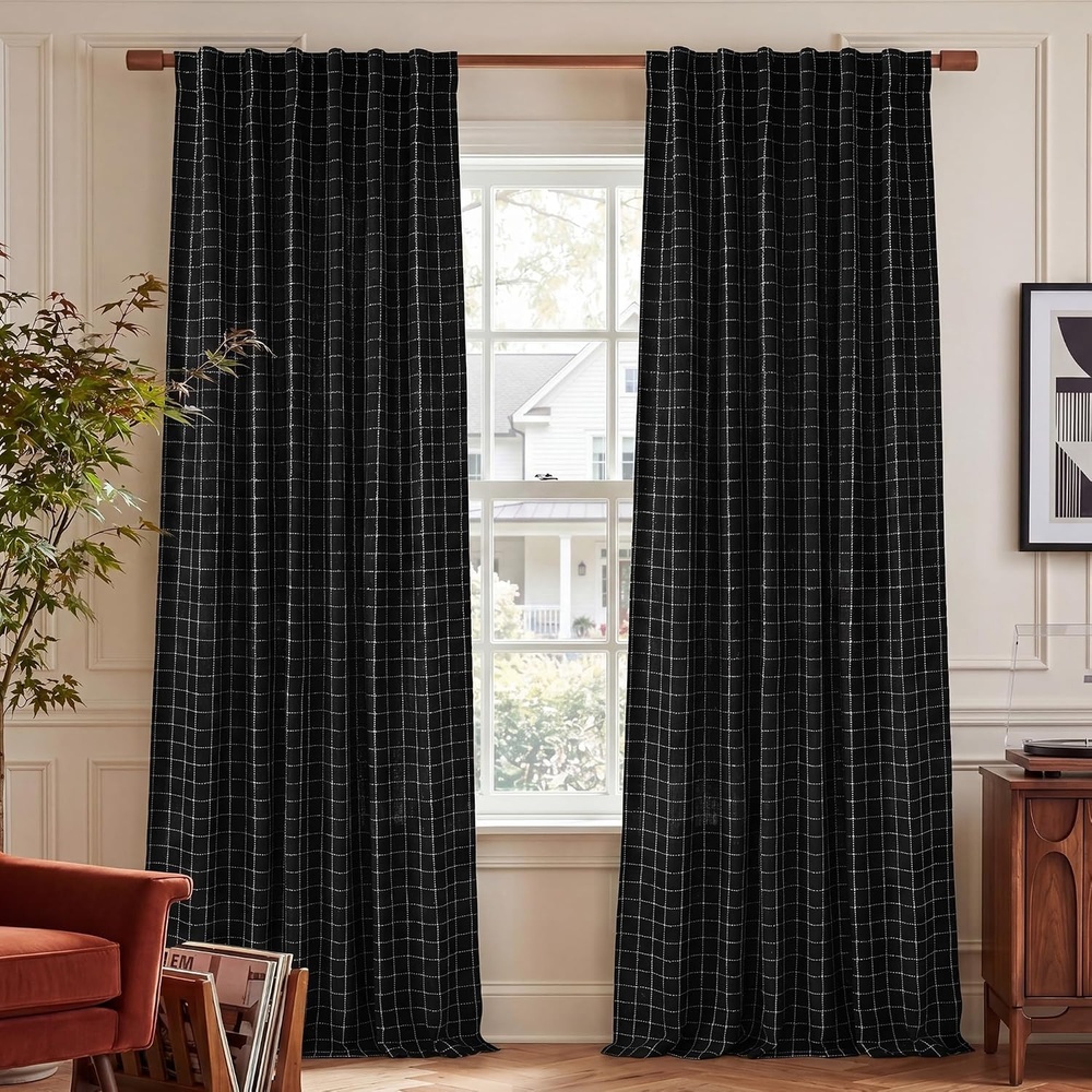 image:imageNICETOWN Olive Green Linen Plaid Bedroom Curtains Rod Pocket amp Back Tab Geometric Jacquard Thick Wovern Mudcloth Light Filtering Window Treatments for Home Decor W52 x L84 2 PanelsBlack