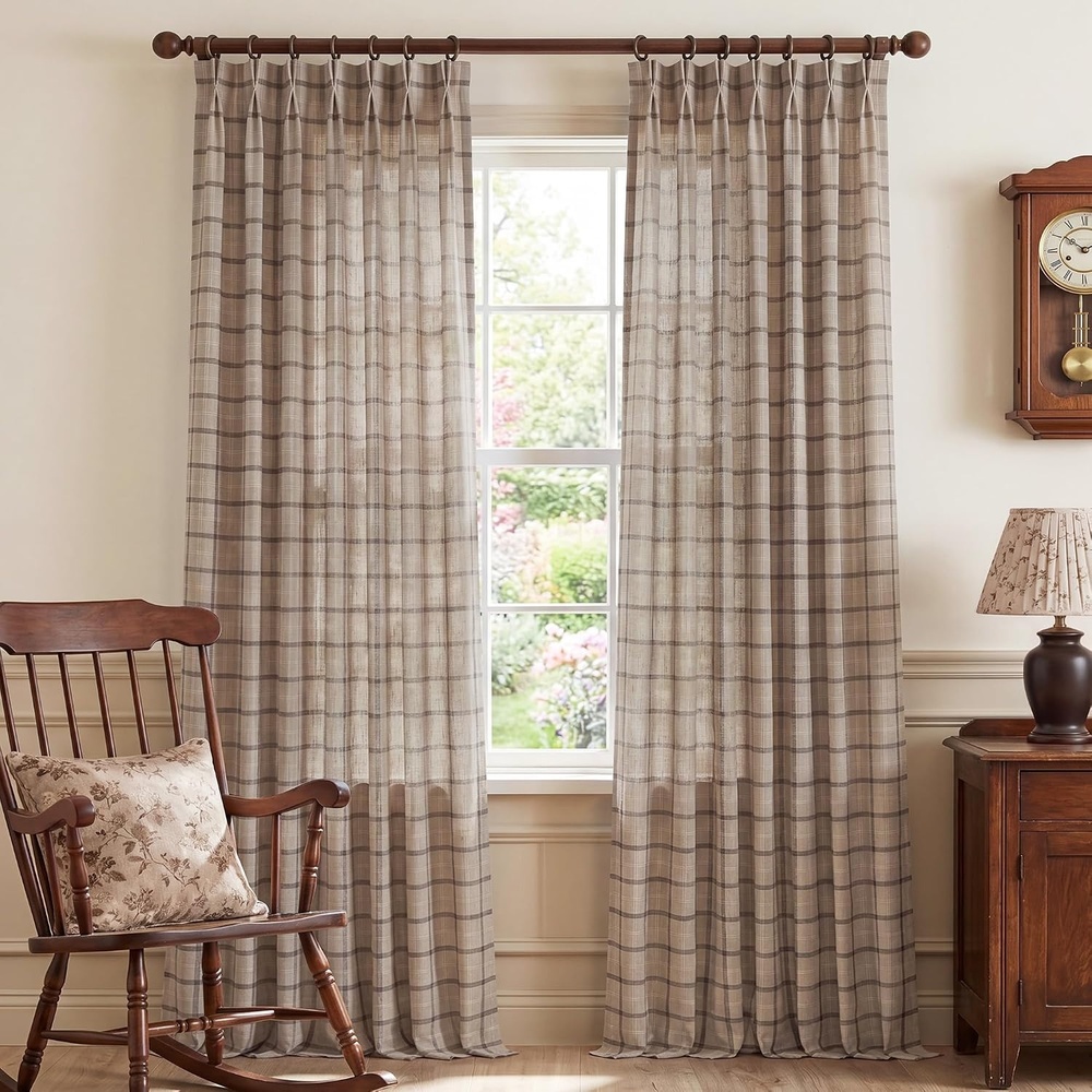 image:imageNICETOWN Pinch Pleated Blue Plaid Curtains 2 Panels W40 x L84 in Linen Blend Light Filtering Privacy Draperies with Grid Tartan Pattern Premium Curtains for Living Room Dining Room with HooksTan