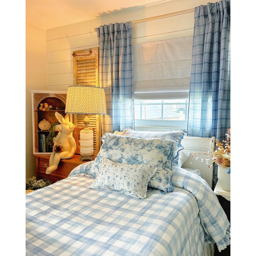 image:imageNICETOWN Pinch Pleated Blue Plaid Curtains 2 Panels W40 x L84 in Linen Blend Light Filtering Privacy Draperies with Grid Tartan Pattern Premium Curtains for Living Room Dining Room with HooksDusty Blue