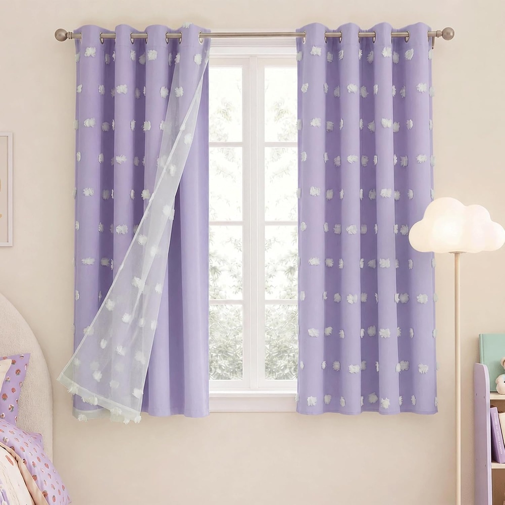 image:imageNICETOWN Pom Pom Pink Curtains for Kids Room 84 inches Long Room Darkening Double Layer Sheer Thermal Drapes Grommet Window Treatments for Girls BedroomNursery W52 x L84 2 PanelsLavender Purple