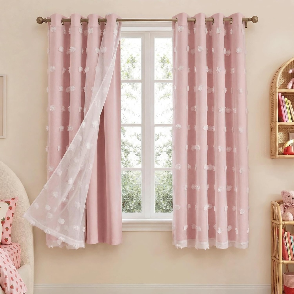 image:imageNICETOWN Pom Pom Pink Curtains for Kids Room 84 inches Long Room Darkening Double Layer Sheer Thermal Drapes Grommet Window Treatments for Girls BedroomNursery W52 x L84 2 PanelsCrystal Pink