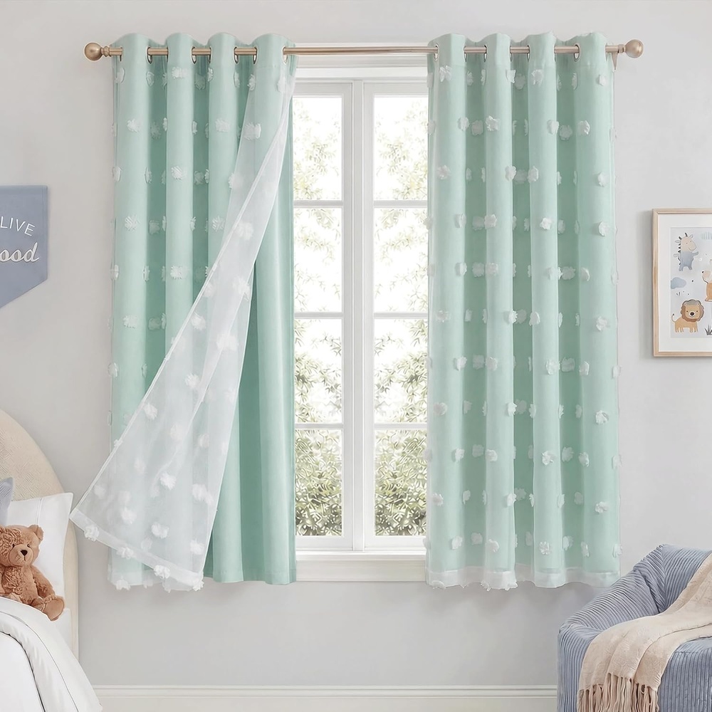 image:imageNICETOWN Pom Pom Pink Curtains for Kids Room 84 inches Long Room Darkening Double Layer Sheer Thermal Drapes Grommet Window Treatments for Girls BedroomNursery W52 x L84 2 PanelsAqua