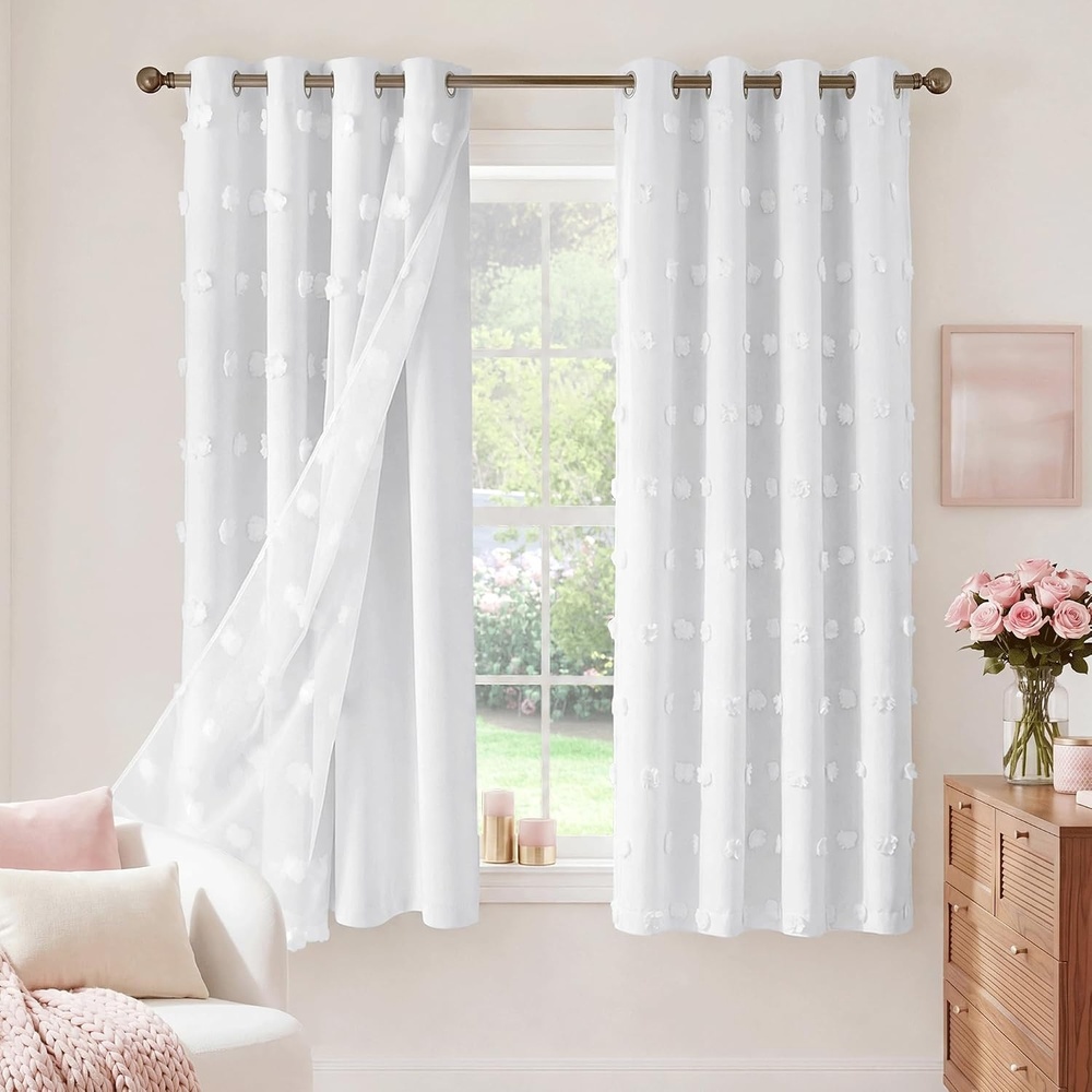 image:imageNICETOWN Pom Pom Pink Curtains for Kids Room 84 inches Long Room Darkening Double Layer Sheer Thermal Drapes Grommet Window Treatments for Girls BedroomNursery W52 x L84 2 PanelsPure White