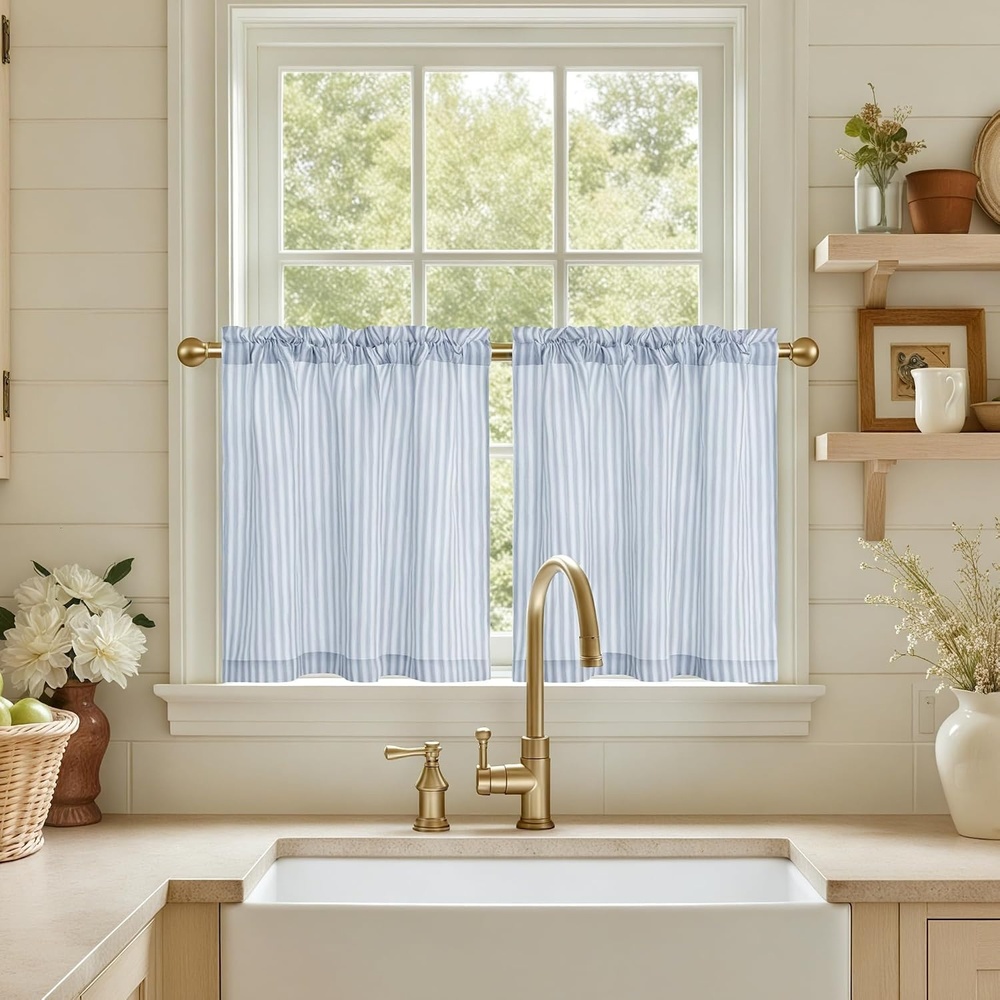 image:imageNICETOWN Sheer Sage Linen Striped Print Kitchen Curtains 3024 2 PanelsBlue