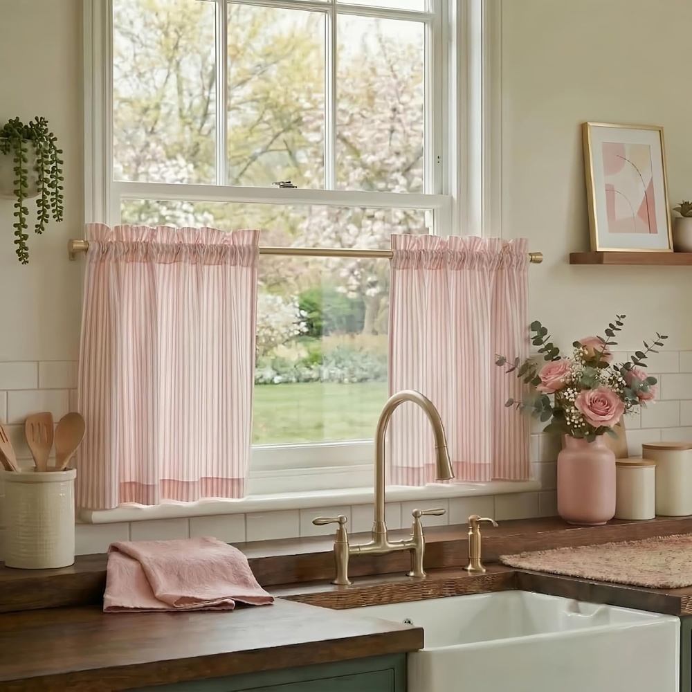 image:imageNICETOWN Sheer Sage Linen Striped Print Kitchen Curtains 3024 2 PanelsLight Pink