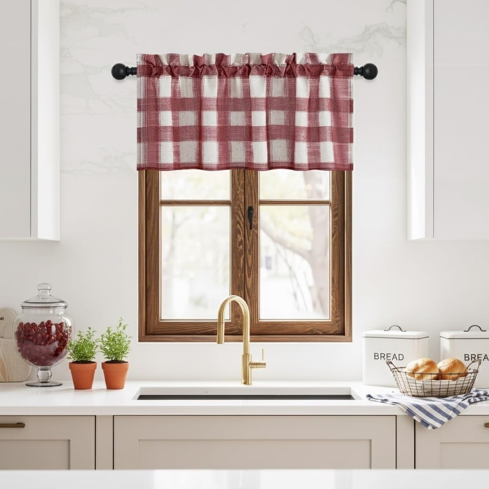 image:imageNICETOWN Sheer Sage Linen Striped Print Kitchen Curtains 3024 2 PanelsRed White