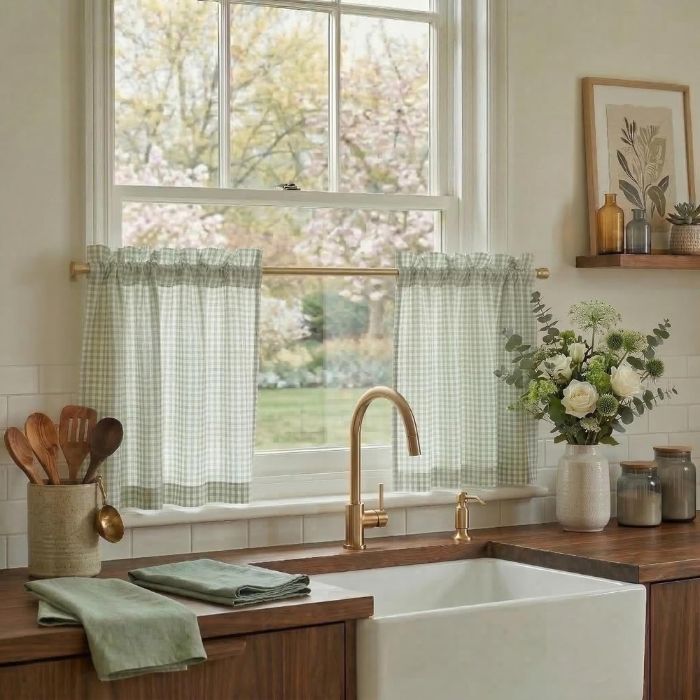 image:imageNICETOWN Sheer Sage Linen Striped Print Kitchen Curtains 3024 2 PanelsSage Green