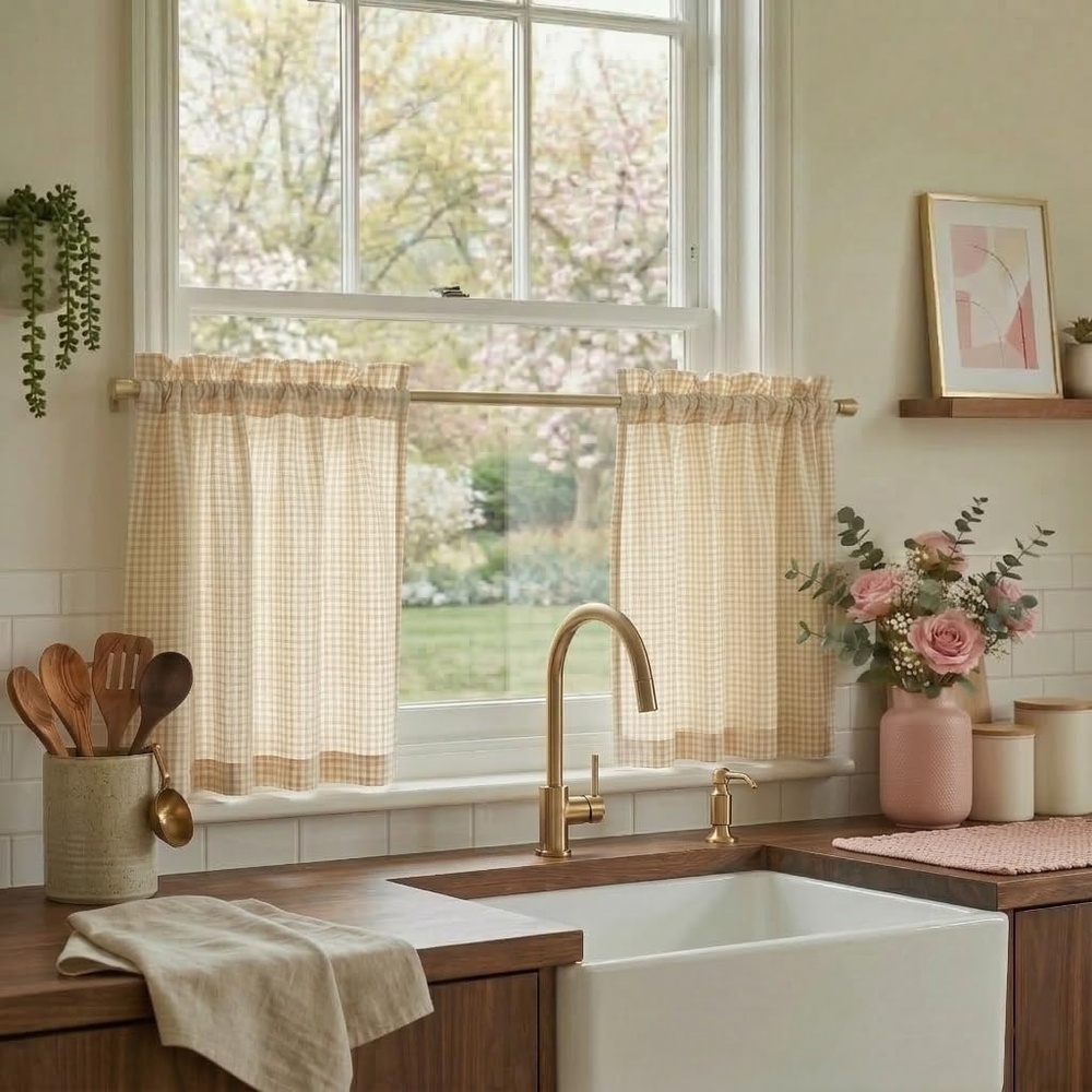 image:imageNICETOWN Sheer Sage Linen Striped Print Kitchen Curtains 3024 2 PanelsYellow