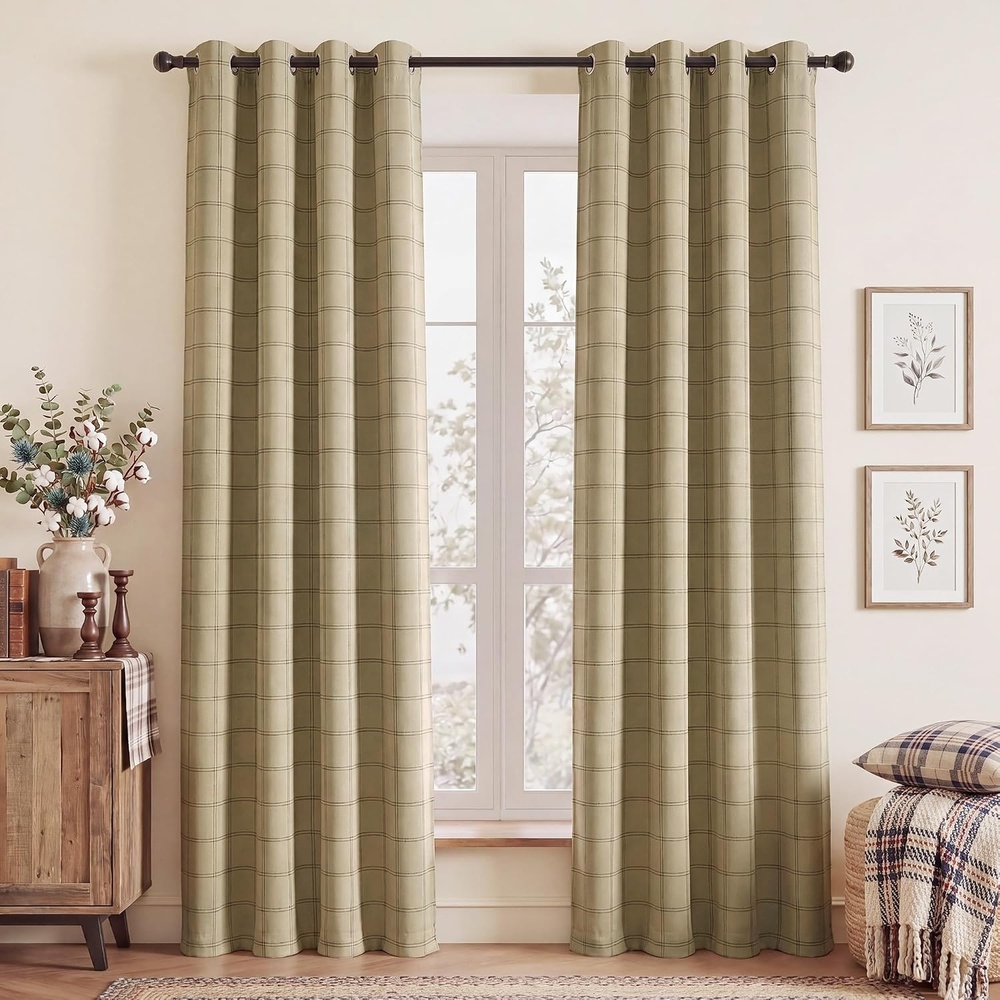 image:imageNICETOWN Taupe 100 Blackout Plaid Cabin Buffalo Gingham Curtain 52W x 84LGrid Pattern Burlap White