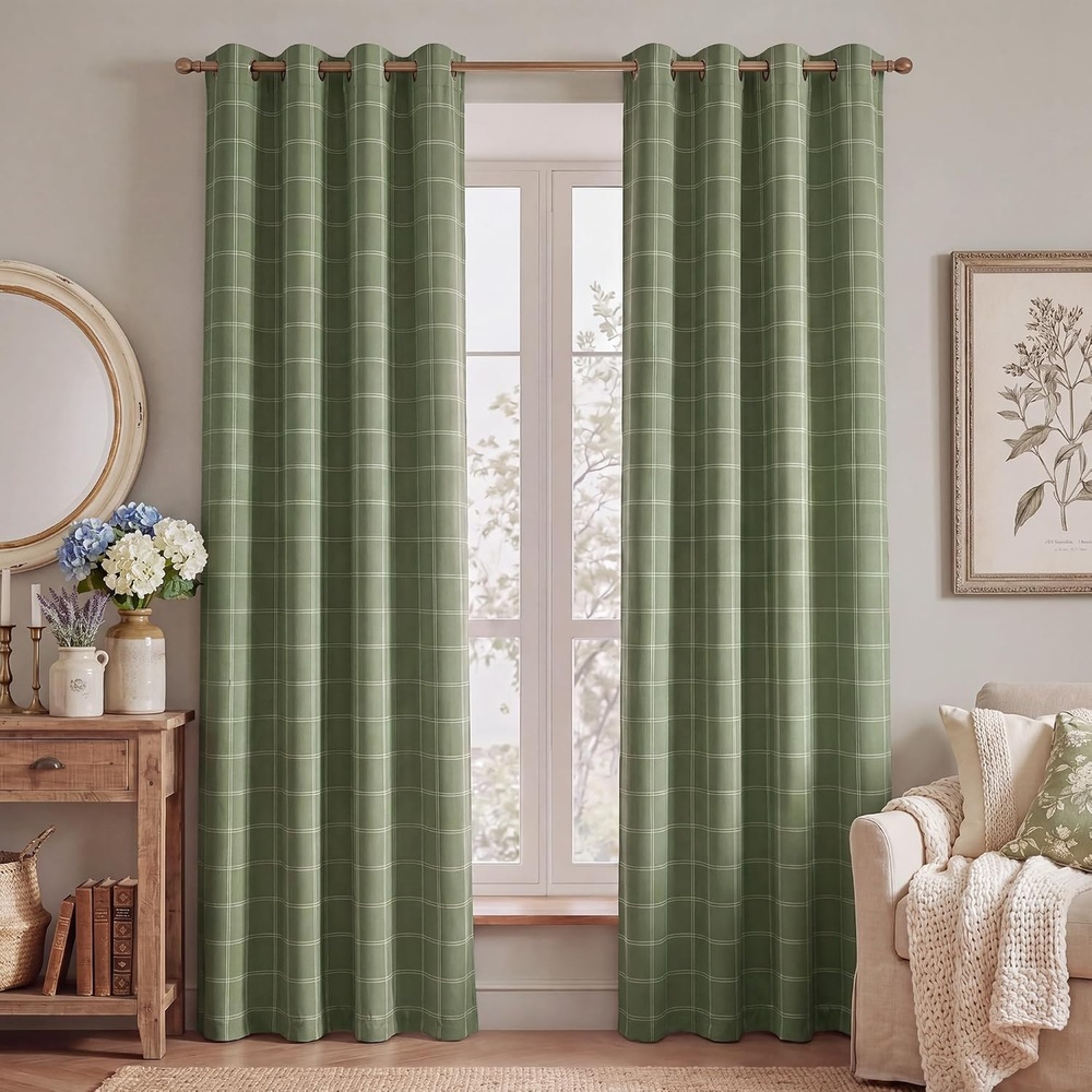 image:imageNICETOWN Taupe 100 Blackout Plaid Cabin Buffalo Gingham Curtain 52W x 84LGrid Pattern Olive Green White