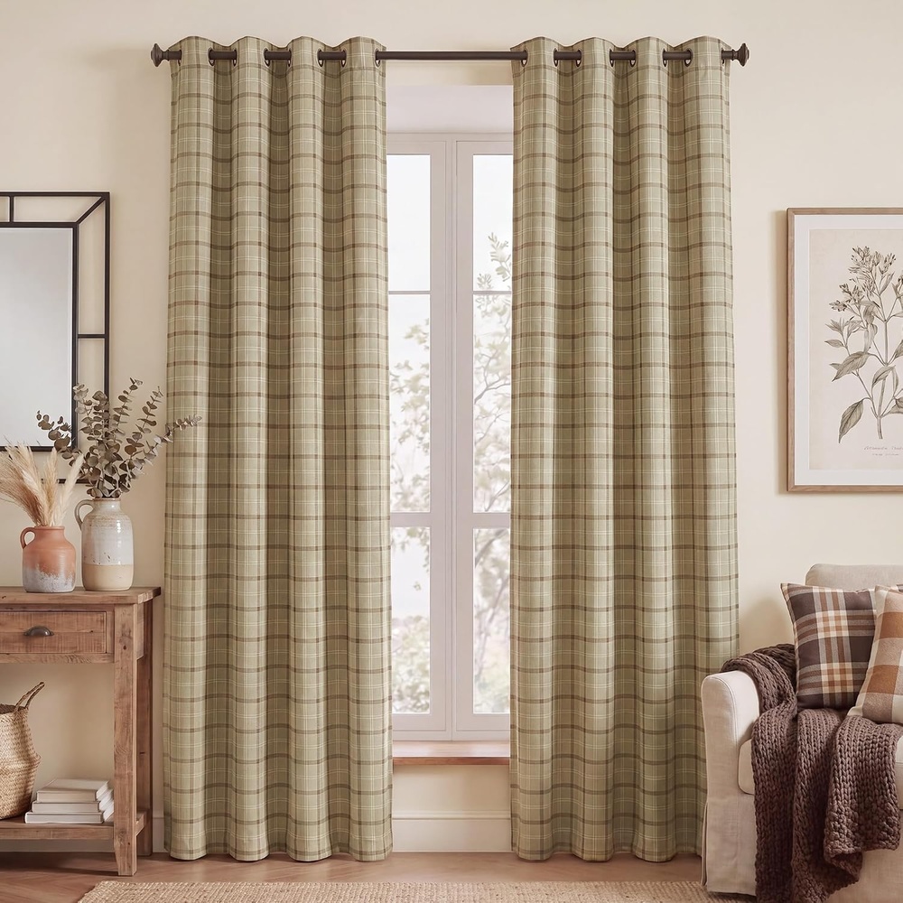 image:imageNICETOWN Taupe 100 Blackout Plaid Cabin Buffalo Gingham Curtain 52W x 84LPlaid Burlap White