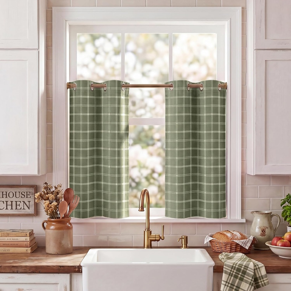 image:imageNICETOWN Taupe 100 Blackout Plaid Cabin Buffalo Gingham Curtain 52W x 84LPlaid Olive Green White