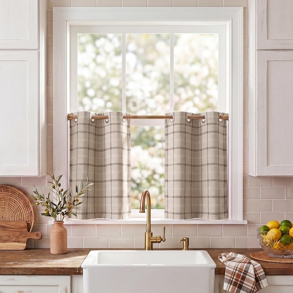 image:imageNICETOWN Taupe 100 Blackout Plaid Cabin Buffalo Gingham Curtain 52W x 84LPlaid Taupe White